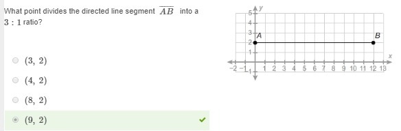 What point divides the directed line segment ​ AB¯¯¯¯¯ ​ ⁢ into a 3:1 ratio? (3, 2) (4, 2) (8, 2) (9, 2)-example-1