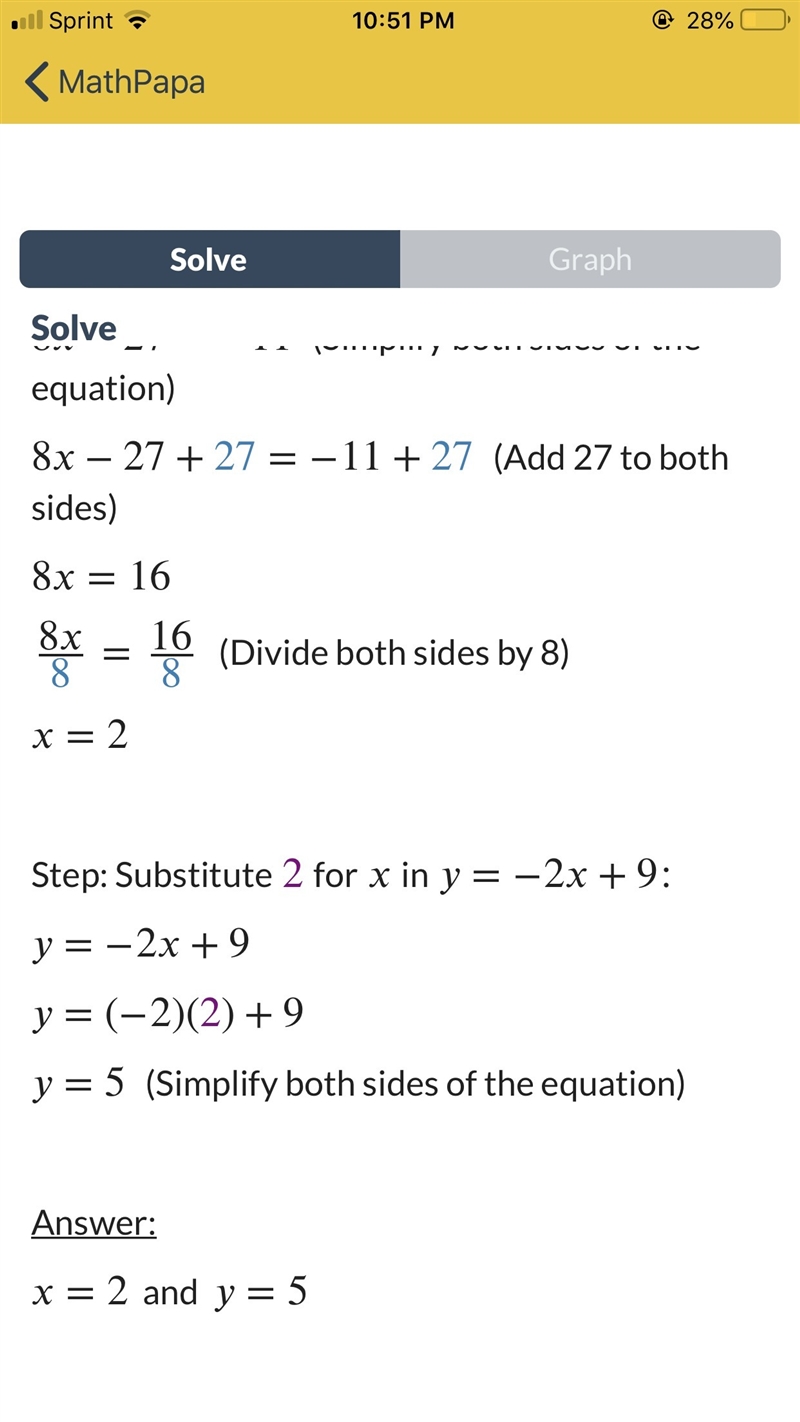 What is the answer to 2x-3y=11 2x+y=9-example-1