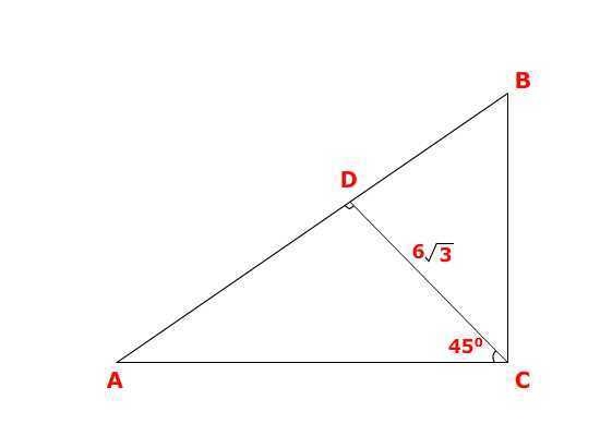 In ΔABC, m∠ACB = 90°, CD ⊥ AB and m∠ACD = 45°. Find AC, if CD = 6 sqrt 3-example-1