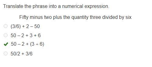 Translate the phrase into a numerical expression. fifty minus two plus the quantity-example-1