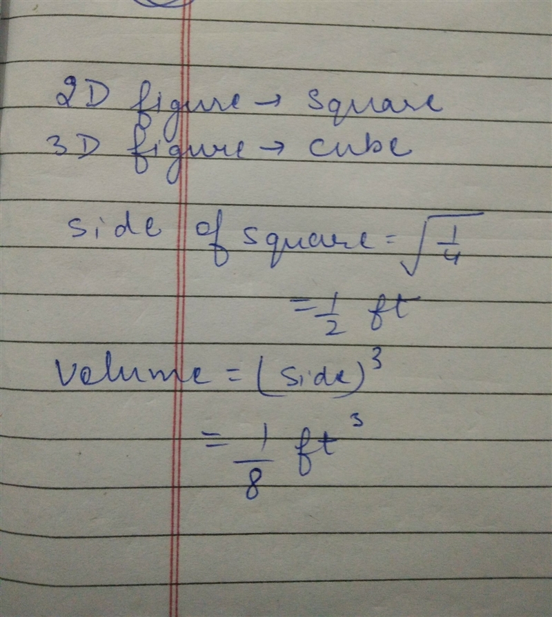 The aria of the base of a square is 1/4 ft^2. what is the volume?-example-1