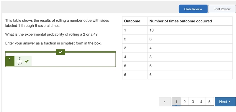 The table shows the results of rolling a number cube, with sides labeled 1 through-example-1