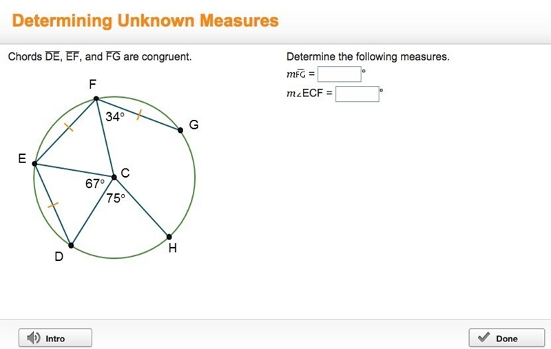 Chords DE,EF, and FG are congruent. Determine the following measures-example-1