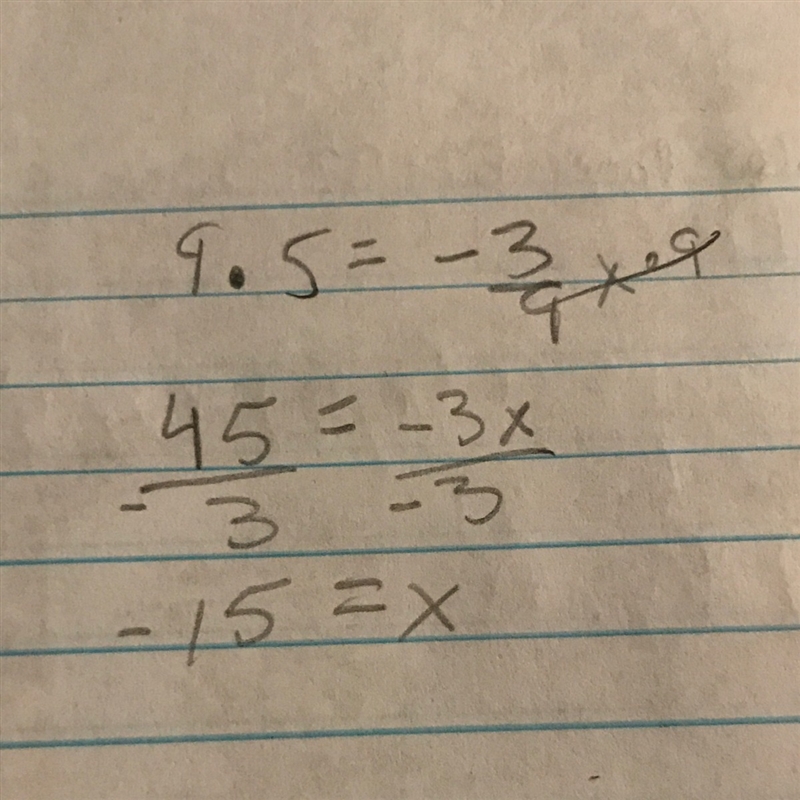 Solve for x. 5 = − 3/9x-example-1