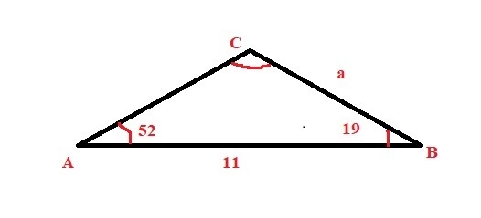 In △ABC, m∠A=52°, c=11, and m∠B=19°. Find a to the nearest tenth.-example-1