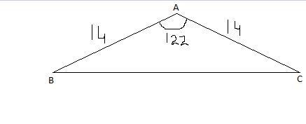 Suppose a triangle has two sides of length 14 and 14, and that the angle between these-example-1