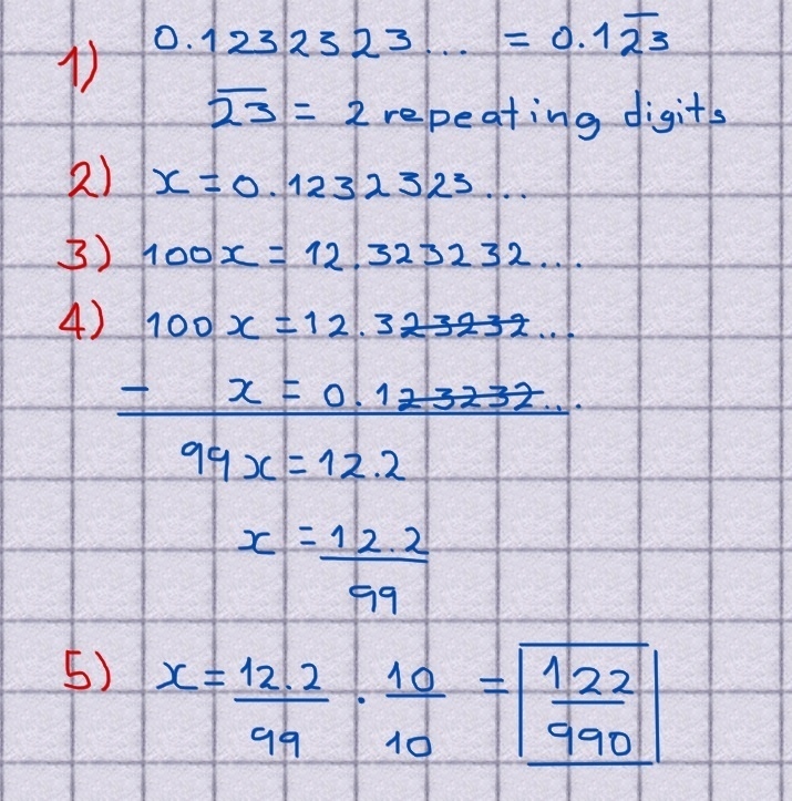 Explain step by step how to make a repeating decimal become into a fraction form?-example-1