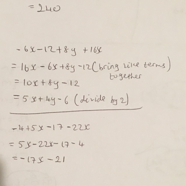 What is -6x-12+8y+16x simplified? and -4+5x-17-22x simplified?-example-1