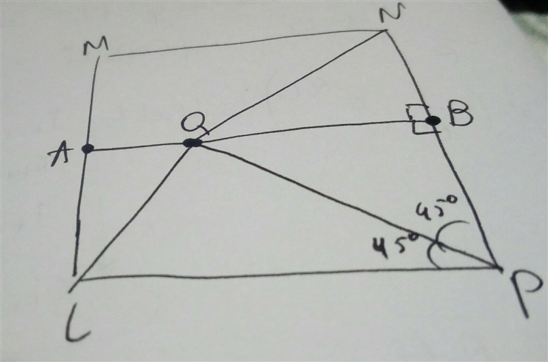 Given: LMNP is a square A, B midpoints of LM and PN Q ∈ AB m∠LPQ = 45° Find: m∠PQN-example-1