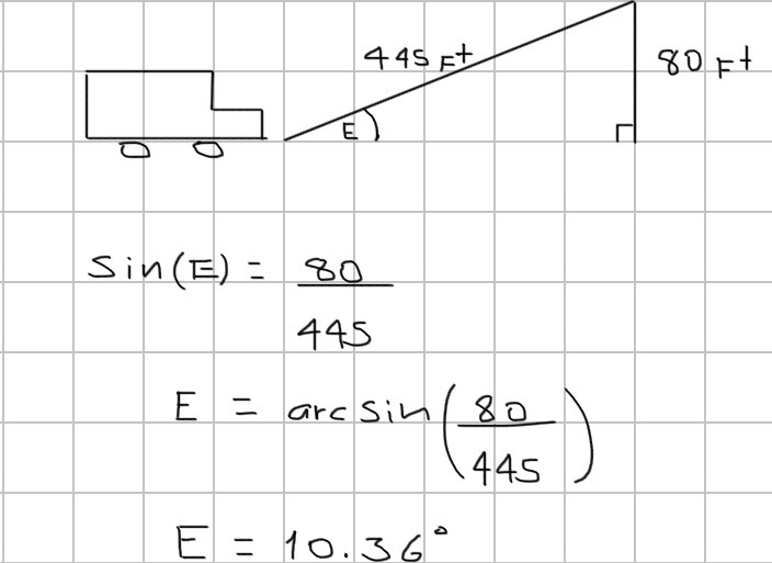 A car is traveling up a steep ramp to a parking garage.the ramp is 445 feet long and-example-1