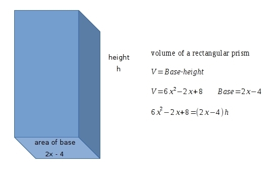 If the volume of the rectangular prism is represented by 6x^2-2x+8 and the base area-example-1