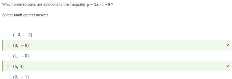 Which ordered pairs are solutions to the inequality y−3x<−8 ? Select each correct-example-1