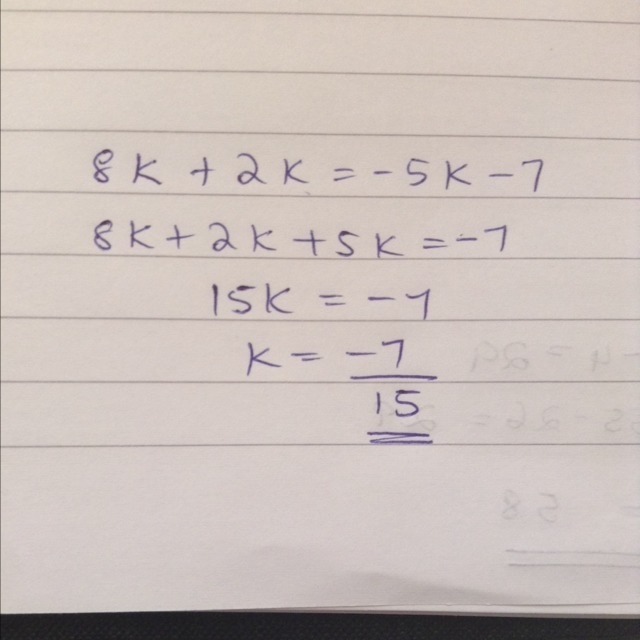 What is 8k + 2k = -5k - 7-example-1