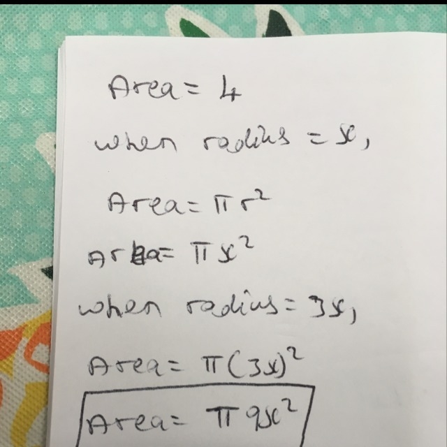 A circle whise area is 4 has a radius of x. find the area with a radius of 3x-example-1