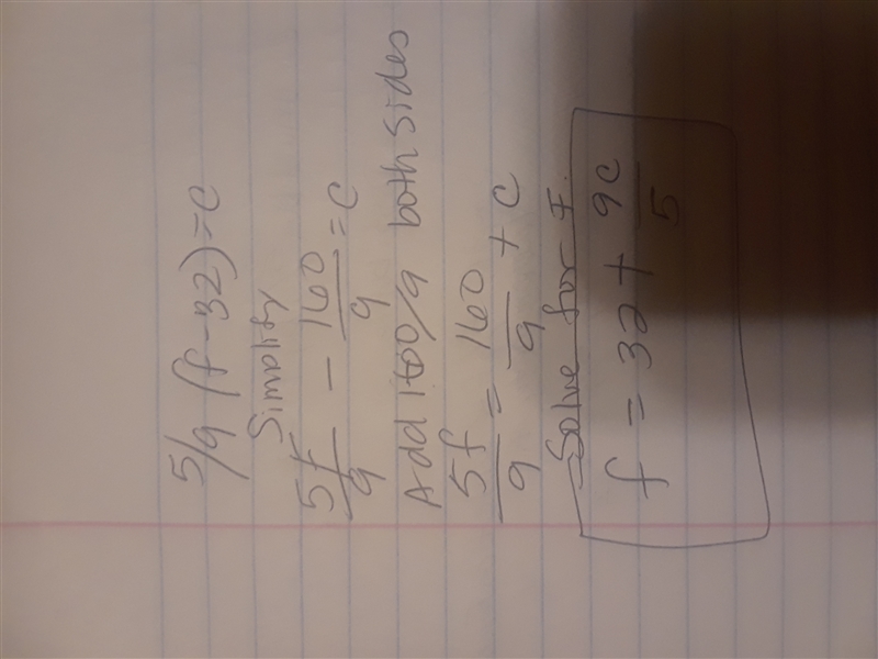 5/9 (f-32) =c solve for f-example-1