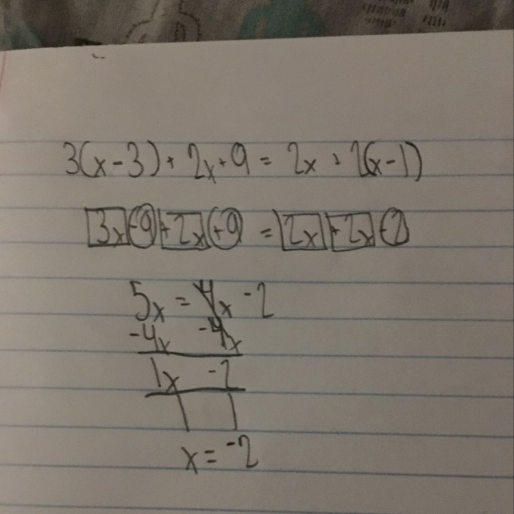 Antoinette solves the linear equation 3(x-3)+2x+9=2x+2(x-1)-example-1