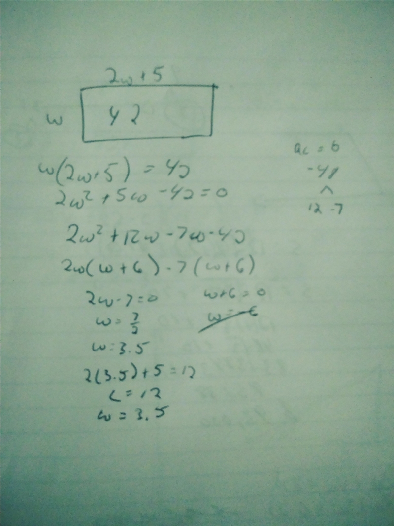 the length of a rectangle is 5ft more than twice the width and teh area of the rectabgle-example-1