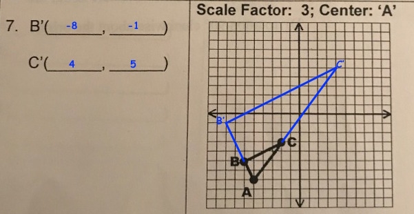 Using the given scale factor and center dilate the following figures and state the-example-1