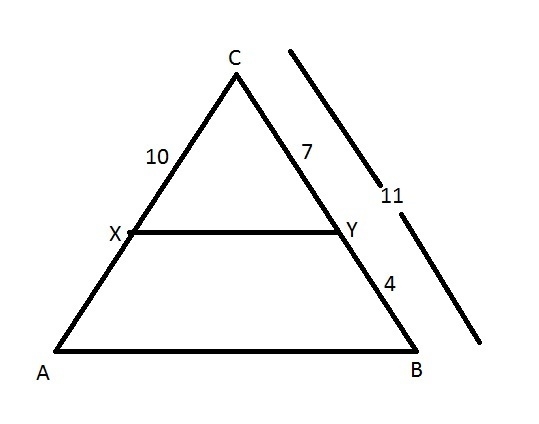 Given: ABC is similar to XYC. If BY = 4, YC = 7, XC = 10. Which of the following proportions-example-1