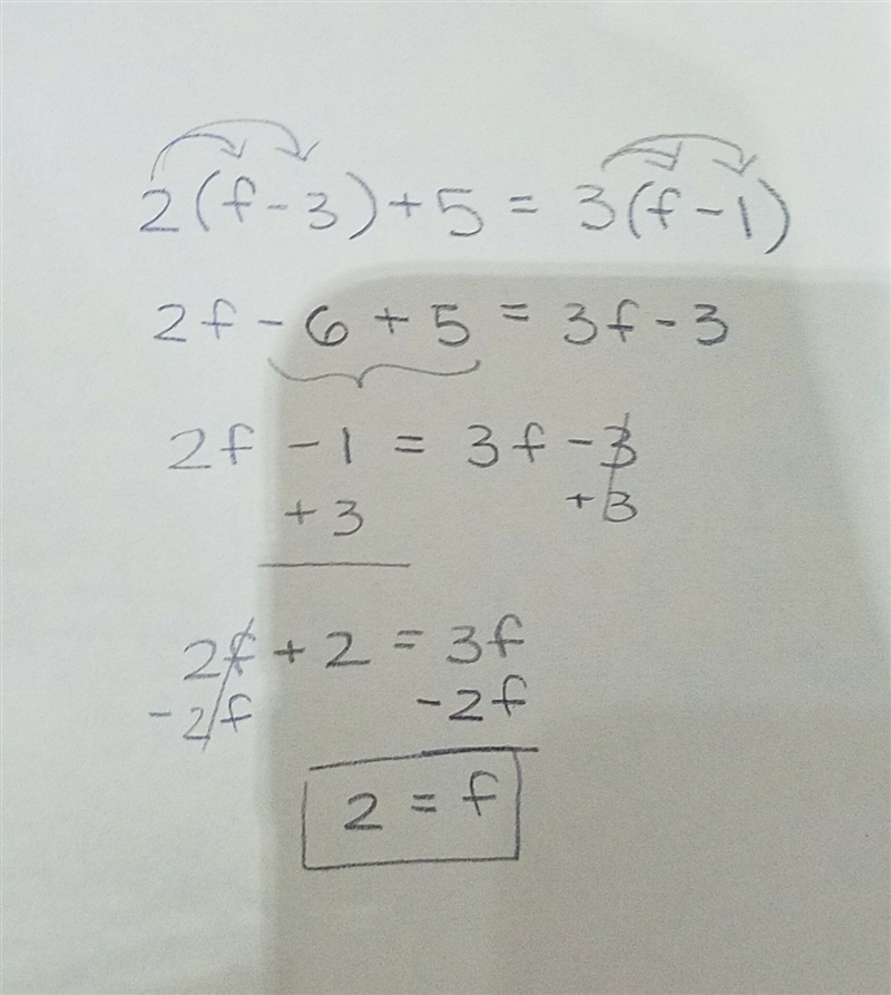 How do you do this 2(f-3)+5=3(f-1) Plz show work Thx!-example-1