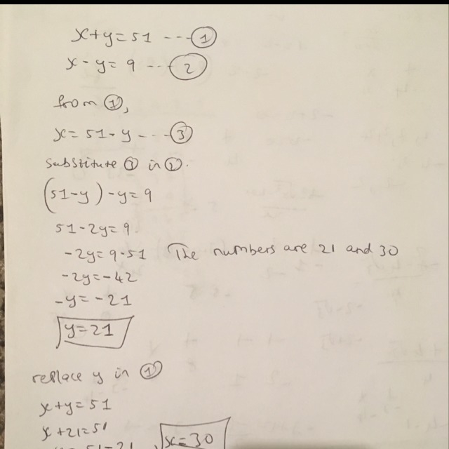 The sum of two numbers is 51 and the difference is 9. What are the numbers?-example-1