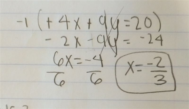 Equation by elimination -4x-9y=20 -2x-9y=-24-example-1