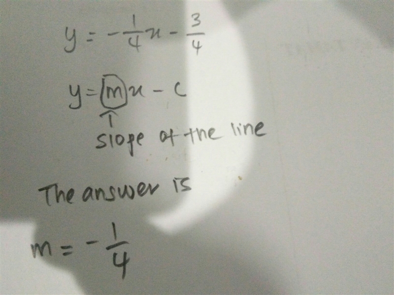 What is the slope of the line y=-1/4x-3/4-example-1