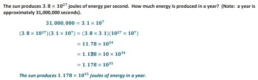 The sun produces 3.8*10^27 joules of energy per second . How much energy is produced-example-1