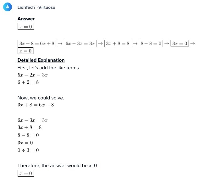 What is the answer for 5x-2x+8=2+6x+6?-example-1