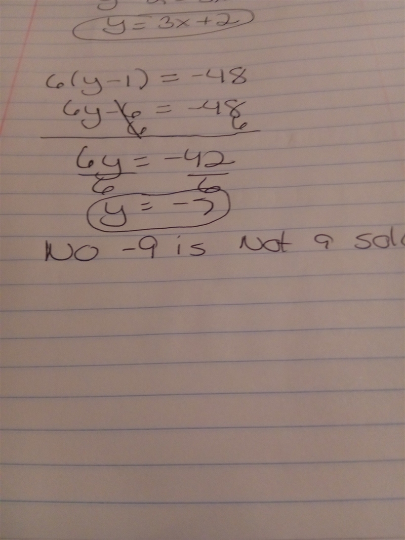 Determine whether -9 is a solution to -48=6(y-1)-example-1