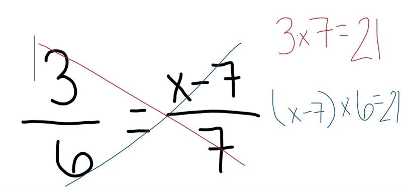 Solve the proportion. (3)/(6) = (x-7)/(7)-example-1