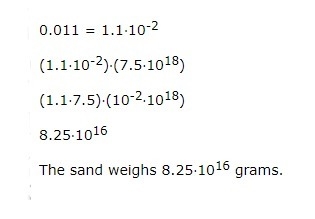 A grain of sand weighs approximately 0.011 grams. There are approximately 7.5 x 10^18 grains-example-1