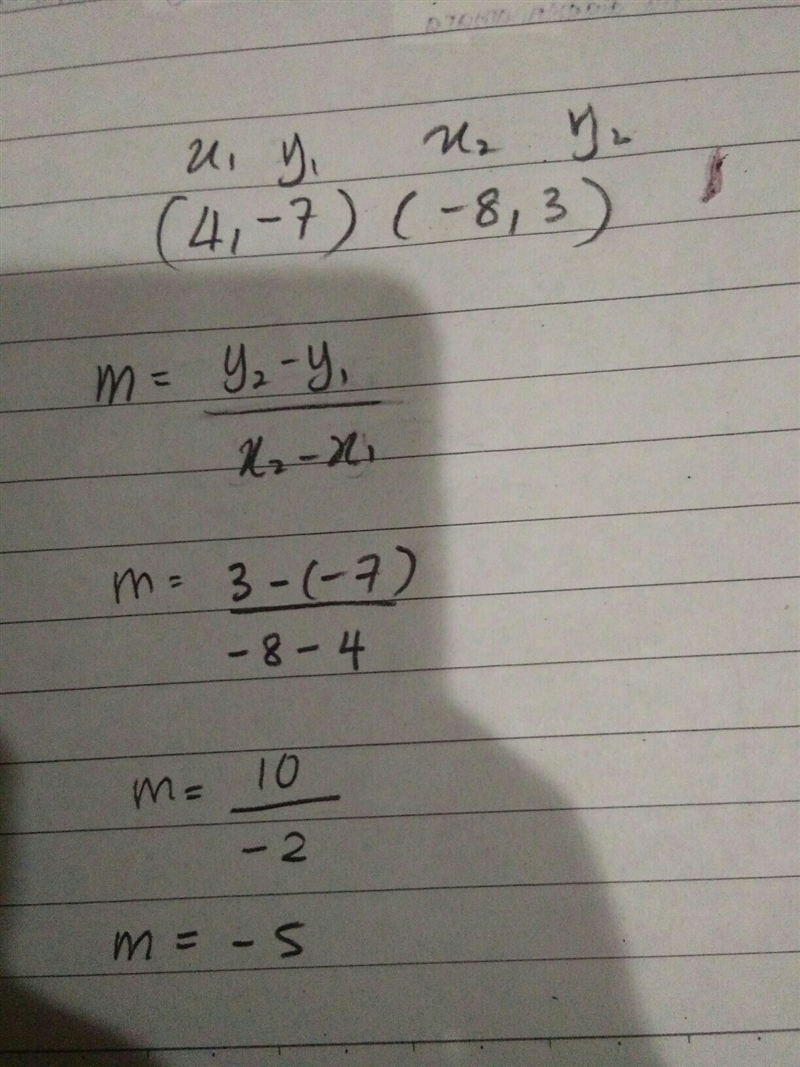 Find the slope of the line passing through the points (4,-7) and (-8,3)-example-1