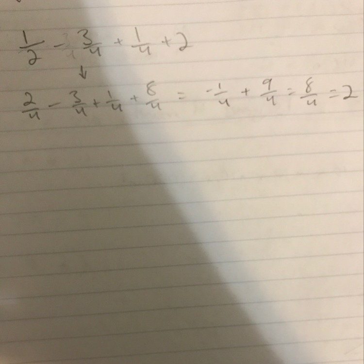 Simplify. give your answer in lowest terms. (1)/(5) - (3)/(4) + (1)/(4) + 2-example-1