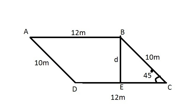 A parallelogram has sides 10m and 12m and an angle of 45°. Find the distance between-example-1