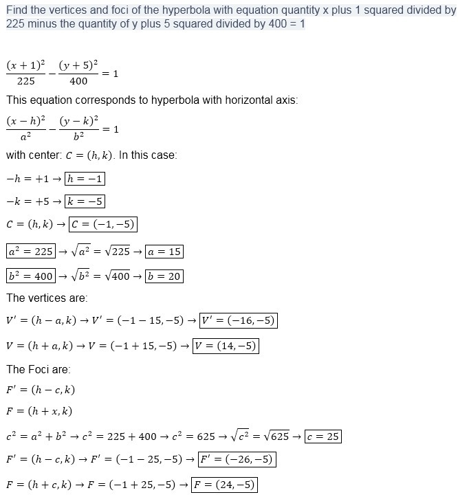 Find the vertices and foci of the hyperbola with equation quantity x plus 1 squared-example-1