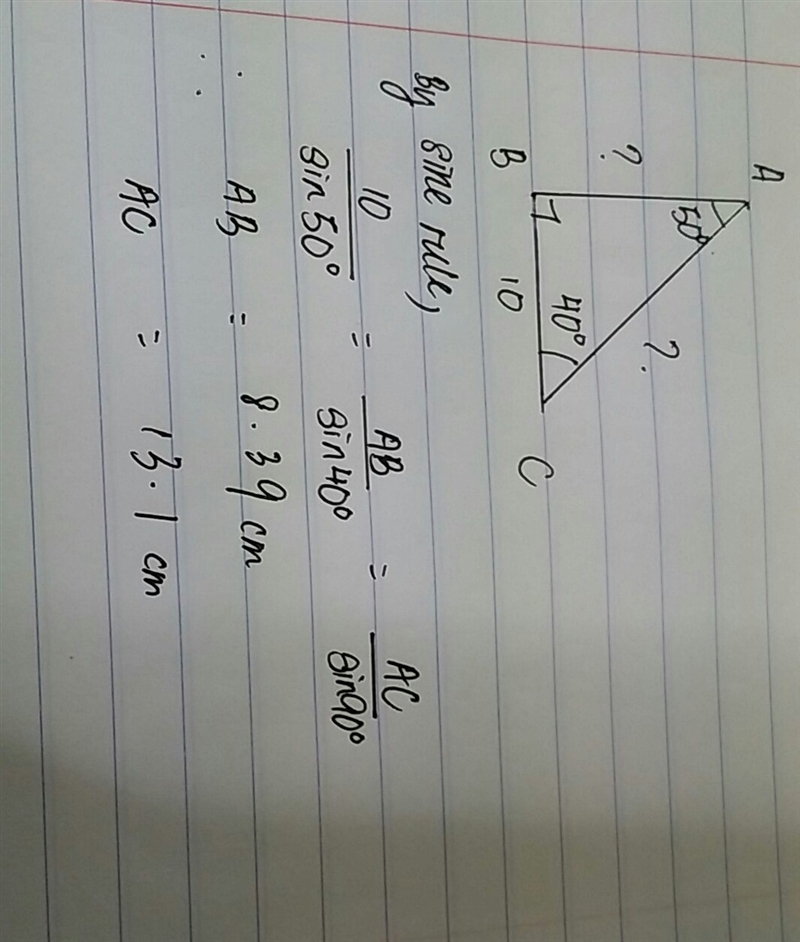 In right ∆ABC, m B = 90°, m C = 40°, and BC = 10. What are the other two side lengths-example-1