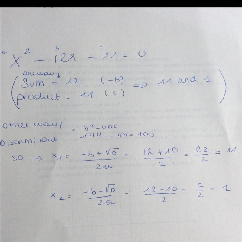 Solve by completing the square: x2 − 12x + 11 = 0 a 11 & 1 b -11 and -1 c 11 and-example-1