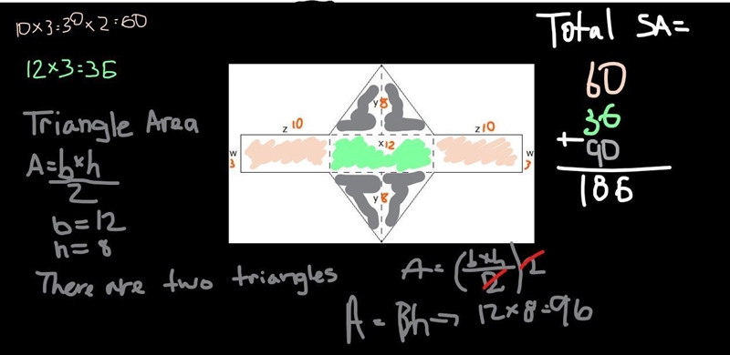 If x = 12 cm, y = 8 cm, z = 10 cm, and w = 3 cm, what is the surface area of the geometric-example-1