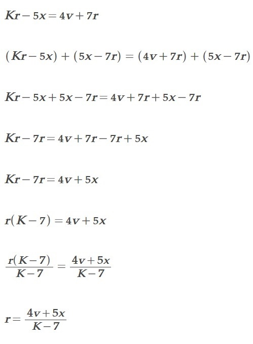 Kr-5x=4v+7r, solve for r-example-1