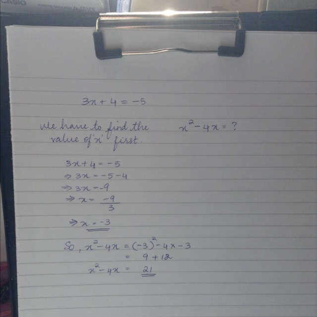 If 3x + 4 = -5 what is the value of x2 - 4x?-example-1