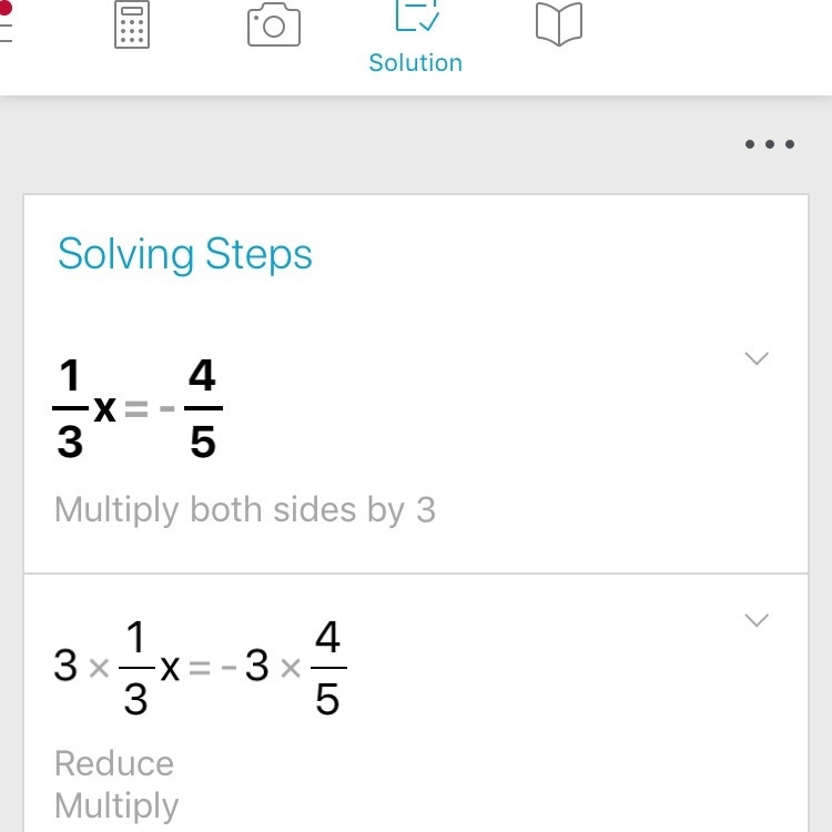 Solve 1/3 x = - 4/5 A) 4/15 B) - 4/15 C) -2 2/5 D) 2 2/5-example-1