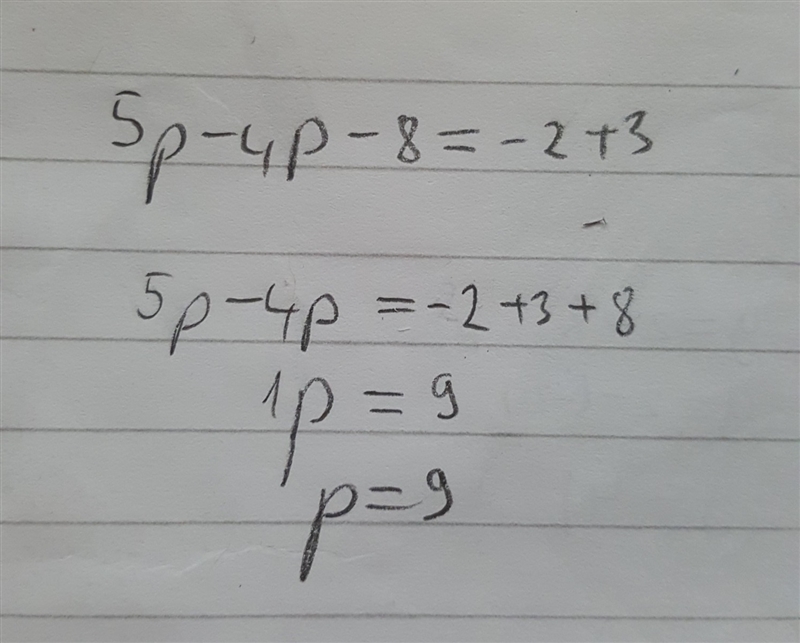 How many solutions does the equation 5p - 4p -8 = -2 + 3 have-example-1