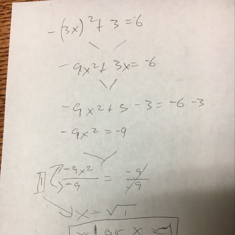 Solve for the variable: -(3x)^2 + 3 = -6-example-1