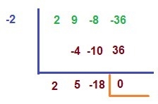 The volume of a rectangular prism is 2x^3+9x^2-8x-36 with height x + 2. Using synthetic-example-1