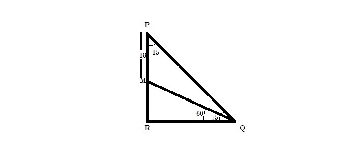 Given: △PQR, m∠R = 90°, MP = 18 m∠PQR = 75°, m∠MQR = 60° Find: RQ-example-1