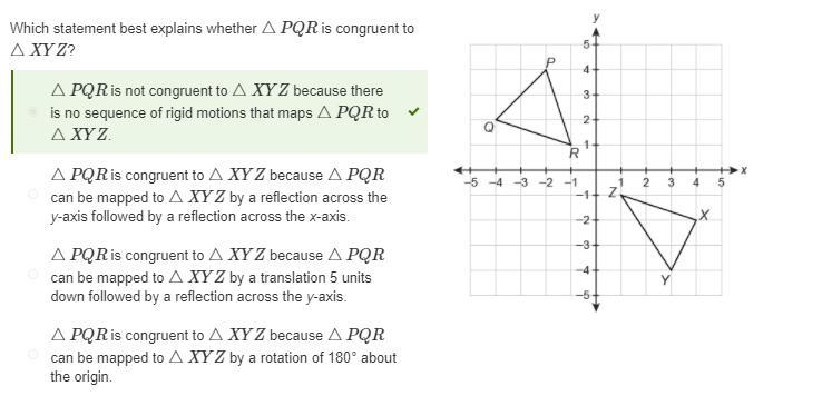 Which statement best explains whether △PQR is congruent to △XYZ? A. △PQR is congruent-example-1