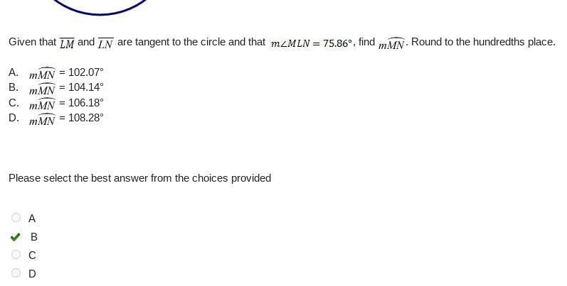 Given that LM and LN are tangent to the circle and that the measure of angle MLN = 75.86, find-example-1