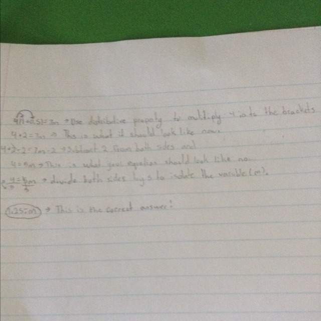 Solve for m Give an exact Answer 4(1+0.5) = 7m-example-1