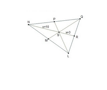 n triangle NQL, point S is the centroid, NS = (x + 10) feet, and SR = (x + 3) feet-example-1